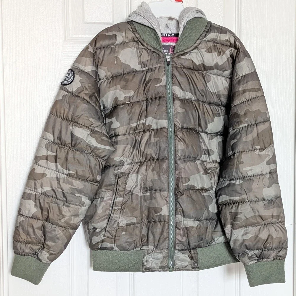 Justice Girls (Size 8)Camouflage Puffer Jacket w/Jersey Hood & Full Zipper Front